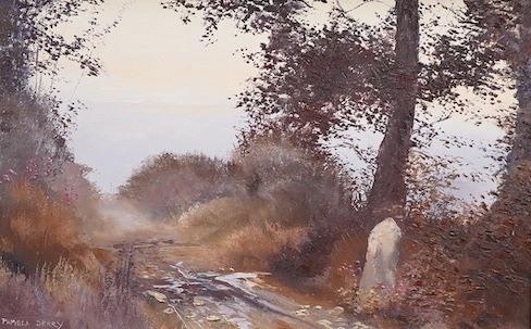 Pamela Day, 'Within the daylight left', signed, Chichester House Gallery label verso, impasto oil on board, 29 x 44cm